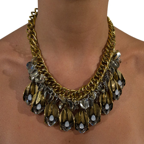 Rachael hanging butterfly statment necklace on model