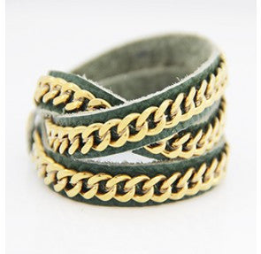 Mel green triple wrap leather and gold bracelet